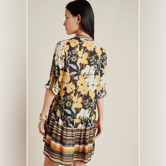 Blånk London Floral Stripe Tiered Shirt Dress Tunic Boho 3/4 Sleeve 2X Earthy - Picture 2 of 16